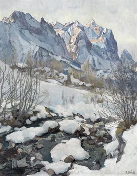 Winterliche Landschaft Mit Wetterhorn Oil Painting by Ernst Hodel the Younger