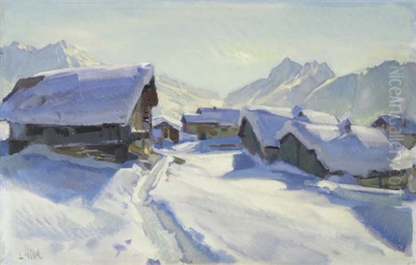 Verschneite Berghutten Im Sonnenschein Oil Painting by Ernst Hodel the Younger