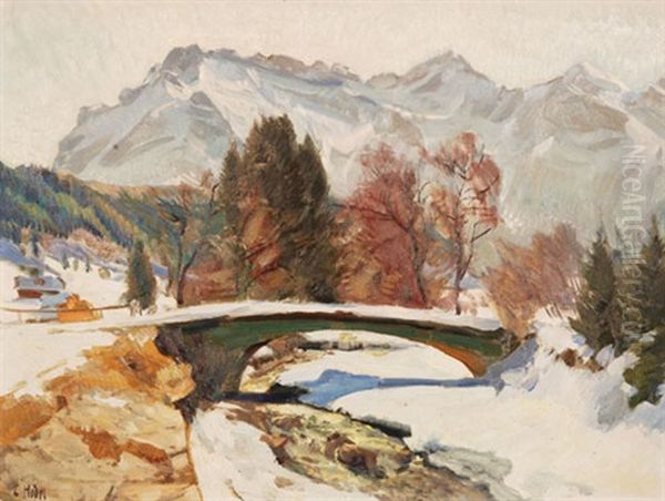 Winterliche Bachlandschaft Mit Kleiner Brucke Oil Painting by Ernst Hodel the Younger