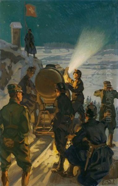 Kanoniere Am Geschutz (canoneers With Canon) Oil Painting by Ernst Hodel the Younger