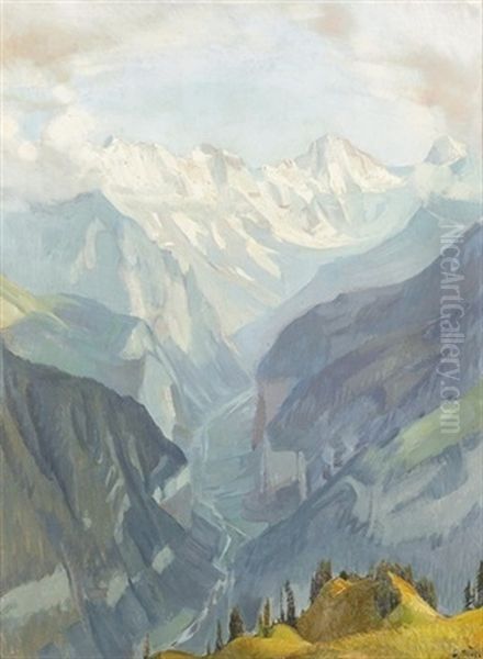 Lauterbrunnental Mit Dem Breithorn Im Sommer Oil Painting by Ernst Hodel the Younger