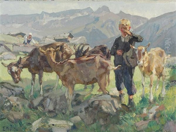 Hirtenjunge Mit Ziegen Oil Painting by Ernst Hodel the Younger