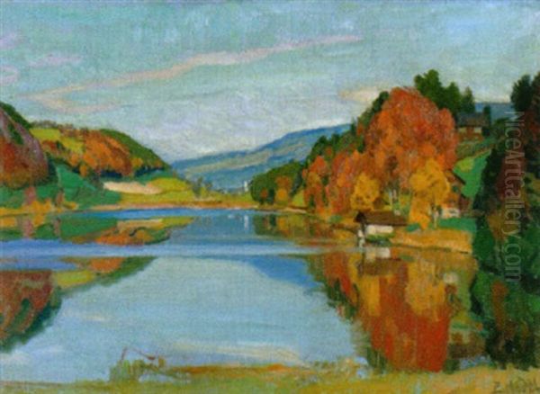 Herbstliche Seeuferpartie Oil Painting by Ernst Hodel the Younger