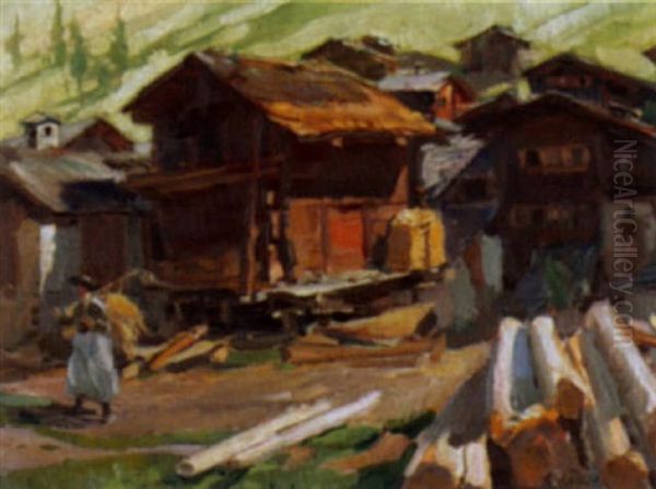 Dorfansicht Im Wallis Oil Painting by Ernst Hodel the Younger