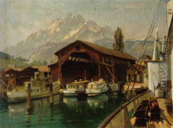 Schiffswerft Mit Pilatus Im Hintergrund Oil Painting by Ernst Hodel the Younger