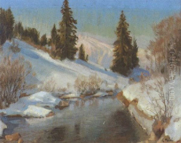 Winterliche Landschaft Mit Bach Unter Blauem Himmel Oil Painting by Ernst Hodel the Younger