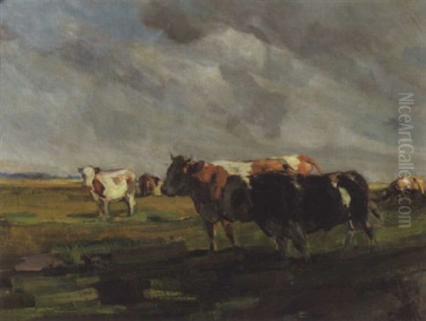 Landschaft Mit Kuhen Unter Bewolktem Himmel Oil Painting by Ernst Hodel the Younger
