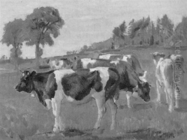 Weidende Kuhe Oil Painting by Ernst Hodel the Younger