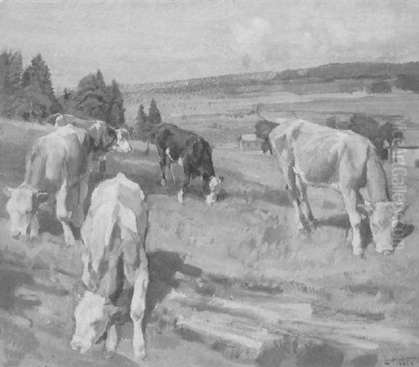 Kuhe Auf Der Weide Bei Einem See Oil Painting by Ernst Hodel the Younger