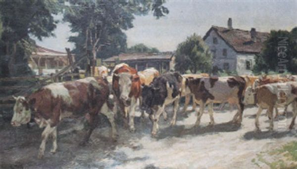Kuhherde Im Dorf Oil Painting by Ernst Hodel the Younger