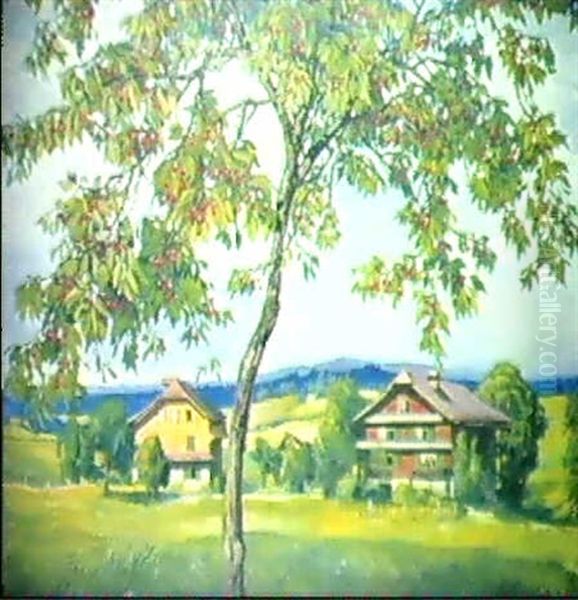 Kirschbaum Vor Zwei Luzerner Bauernhausern Oil Painting by Ernst Hodel the Younger