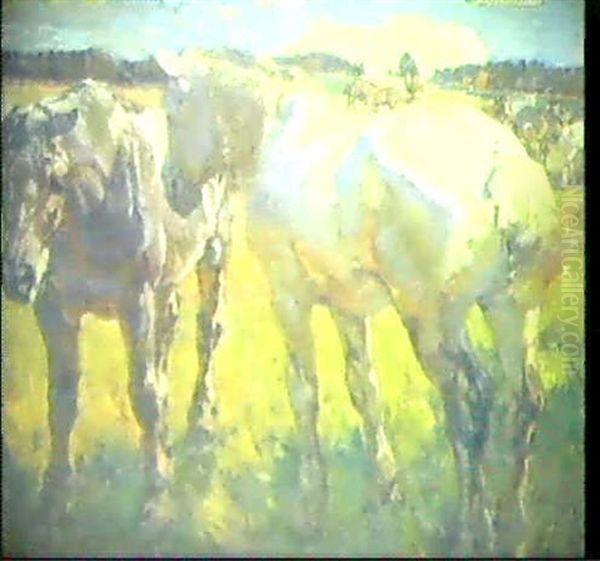 Pferde Auf Der Weide Oil Painting by Ernst Hodel the Younger