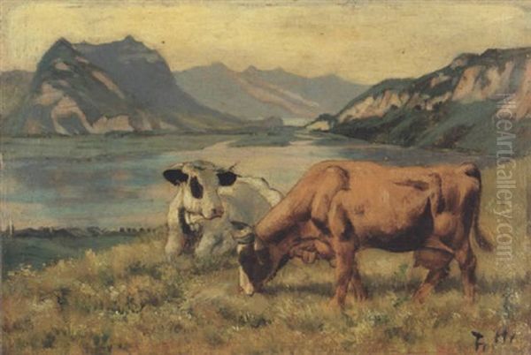 Kuhe Auf Der Weide, Mit Blick Auf Den Harder Und Das Bodeli Von Interlaken Oil Painting by Ferdinand Hodler