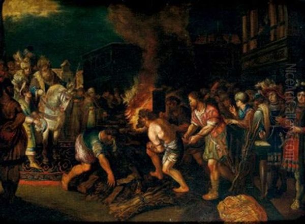 Homme Conduit Au Bucher, Entoure D'une Elegante Assemblee Oil Painting by Kasper or Gaspar van den Hoecke