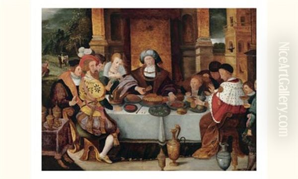 Scene De Banquet Oil Painting by Kasper or Gaspar van den Hoecke