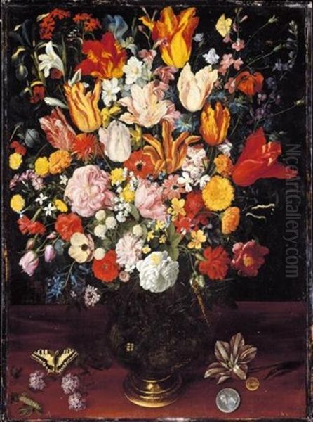 A Still Life Of Tulips, Pink Peonies And Other Flowers In A Vase Resting On A Wooden Surface With A Caterpillar A Butterfly And Coins Oil Painting by Kasper or Gaspar van den Hoecke