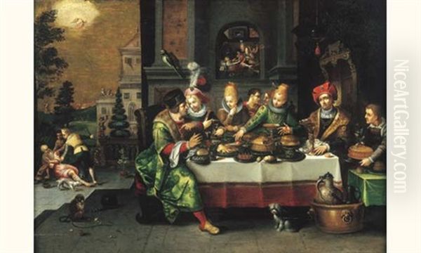 Scene De Banquet : Lazare Et Le Mauvais Riche Oil Painting by Kasper or Gaspar van den Hoecke