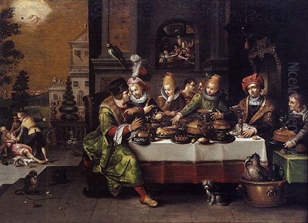 Scene De Banquet: Lazare Et Le Mauvais Riche Oil Painting by Kasper or Gaspar van den Hoecke