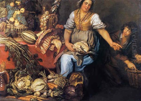 Bodegon Con Dos Personajes, Canasta De Frutas Y Verduras Oil Painting by Kasper or Gaspar van den Hoecke