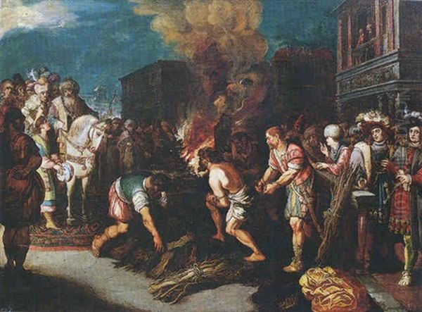 A Man Being Led To A Burning Pyre, Elegantly-dressed Spectators Watching Nearby Oil Painting by Kasper or Gaspar van den Hoecke