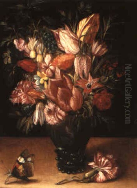 A Still Life Of Flowers In A Glass Vase With A Butterfly On A Ledge Oil Painting by Kasper or Gaspar van den Hoecke