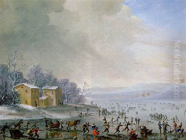Ice-skating Oil Painting by Robert van den Hoecke