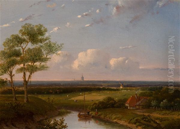 River Landscape With A Moored Sailboat By A Farm Oil Painting by Jan Hendrik Willem Hoedt