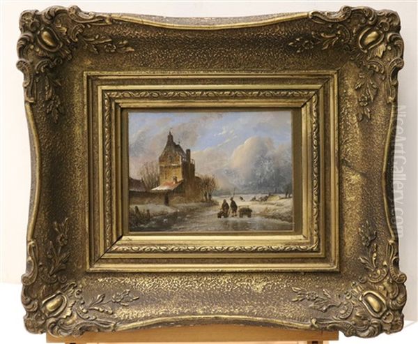 Ijsgezicht Met Koek En Zopie En Figuren Oil Painting by Jan Hendrik Willem Hoedt