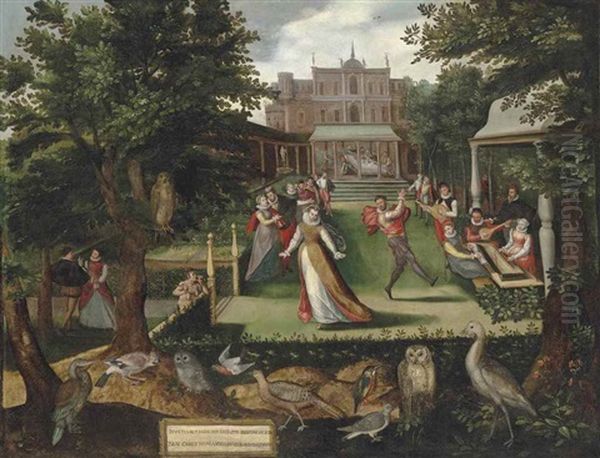 Elegantly Dressed Figures Merrymaking In A Garden Oil Painting by Joris Hoefnagel