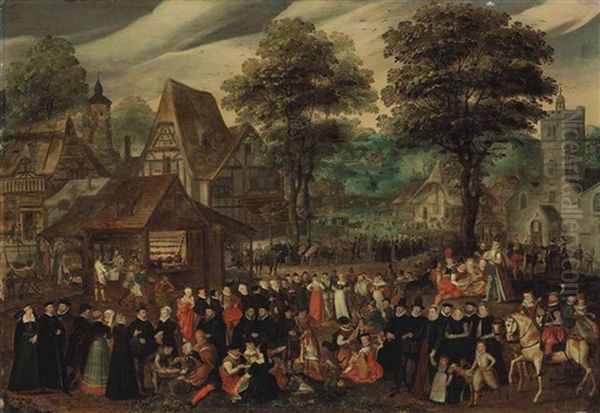 A Village Festival With Elegantly Dressed Figures In Procession, A River And Tower Beyond Oil Painting by Joris Hoefnagel
