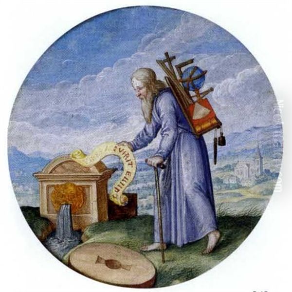 Ein Bartiger Wanderer Mit Einem Traggestell, Auf Dem Sich Globus, Buch, Zirkel, Winkelmas Und Schreibgerat Befinden, Vor Einem Brunnen Und Muhlstein, In Einer Landschaft Mit Kirche Oil Painting by Joris Hoefnagel