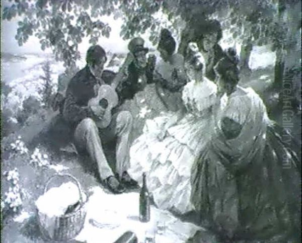Frohliche Biedermeier - Gesellschaft Beim Picknick Am Hang  Uber Der Donau Bei Wien Oil Painting by Rudolf August Hoeger