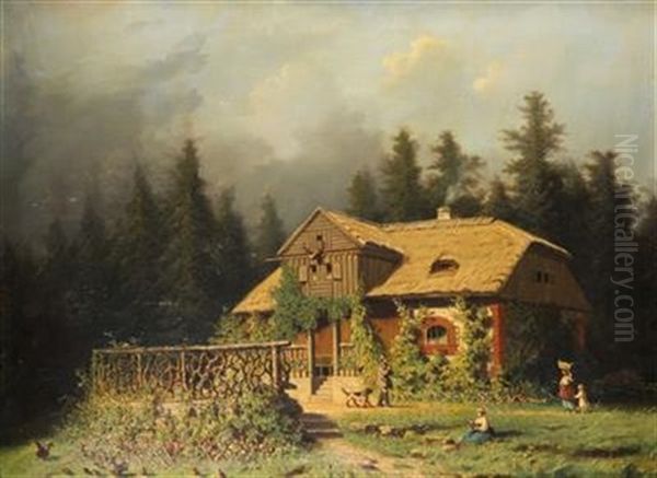 In Front Of The Game House Oil Painting by Anton Hoelperl