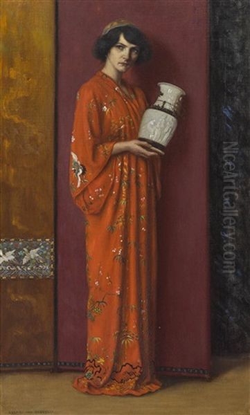 Dame In Chinesischem Gewand Mit Vase Oil Painting by George Von Hoesslin