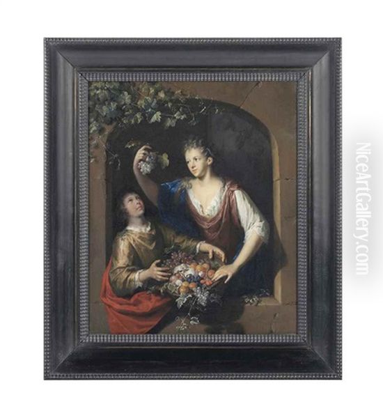 A Lady Holding Grapes, And A Boy With A Basket Of Fruit, In An Architectural Niche Oil Painting by Gerard Hoet