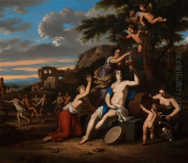 Bacchanal In An Arcadian Landscape Oil Painting by Gerard Hoet