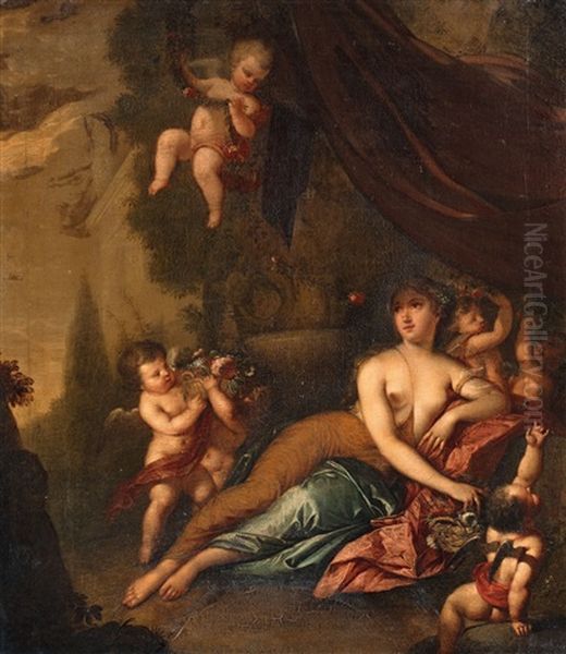Flora With Putti In A Landscape Oil Painting by Gerard Hoet