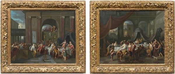 La Danse De Salome, Le Banquet D'antoine Et De Cleopatre (2 Works) Oil Painting by Gerard Hoet