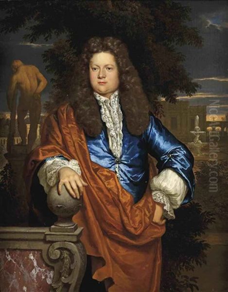 Portrait Of A Gentleman, In A Blue Velvet Jacket With An Ochre Wrap, Standing In A Park Landscape With The Statue Of The Farnese Hercules Beyond Oil Painting by Gerard Hoet