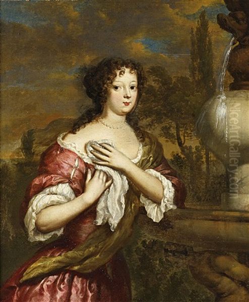 Junge Dame Am Brunnen Im Park Oil Painting by Gerard Hoet