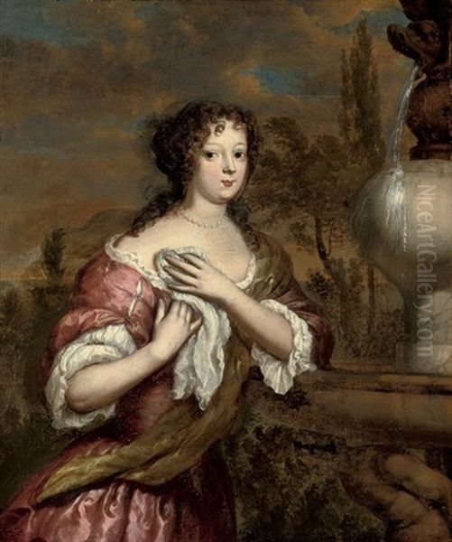 Portrait Of A Lady In A Pink Dress And White Chemise, By A Classical Fountain Oil Painting by Gerard Hoet