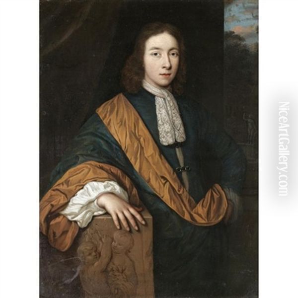 Portrait Of A Gentleman, Three-quarter Length, Wearing A Blue Cloak With A Yellow Sash Oil Painting by Gerard Hoet