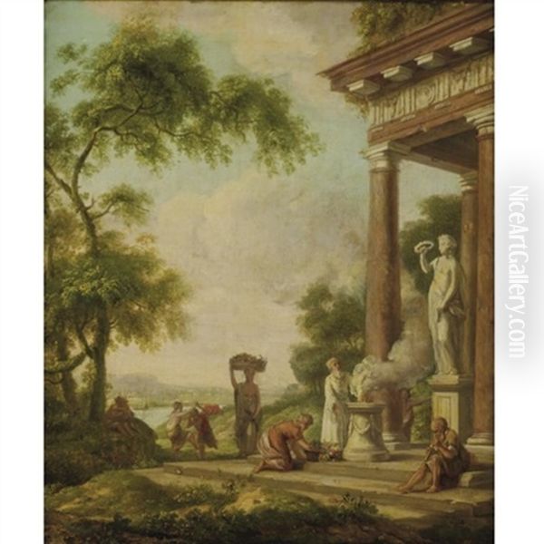 Classical Landscape With A Priest Making A Sacrifice Oil Painting by Gerard Hoet