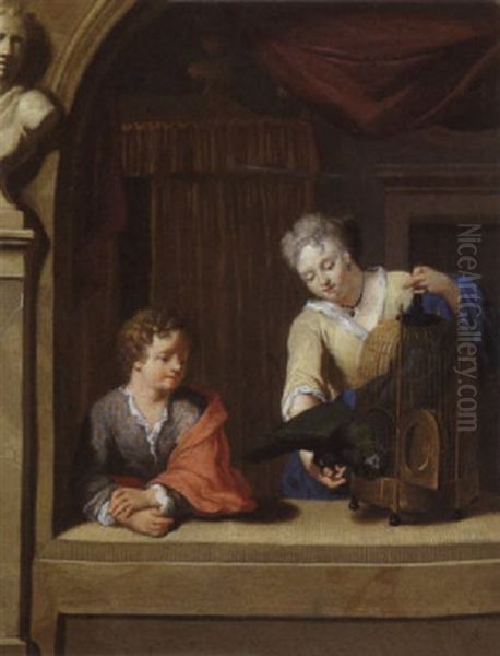 Deux Enfants Jouant Avec Un Perroquet Dans L'embrasure D'une Fenetre Oil Painting by Gerard Hoet