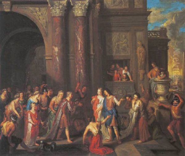 Esther Being Presented By Mordecai To King Ahasuerus Oil Painting by Gerard Hoet