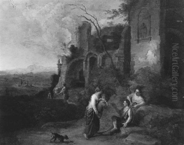 Arkadishe Landschaft Mit Bauerlicher Staffage Vor Ruinen Oil Painting by Gerard Hoet