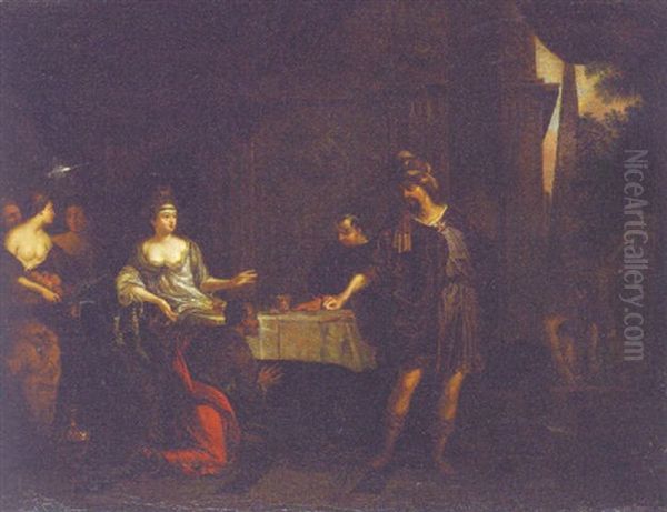 A Courtier Before A Queen In An Interior Oil Painting by Gerard Hoet