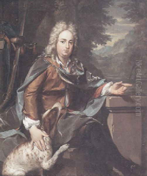 A Portrait Of A Gentleman Seated On A Stone Bench With His Dog And An Extensive Landscape Beyond Oil Painting by Gerard Hoet