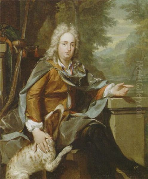 Portrait Of A Gentleman, In A Landscape With Instruments Of The Hunt Oil Painting by Gerard Hoet