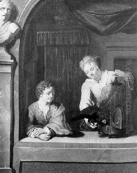 Jeune Femme Et Enfant Jouant Avec Un Perroquet Vu Au Travers D'une Fenetre De Pierre Oil Painting by Gerard Hoet